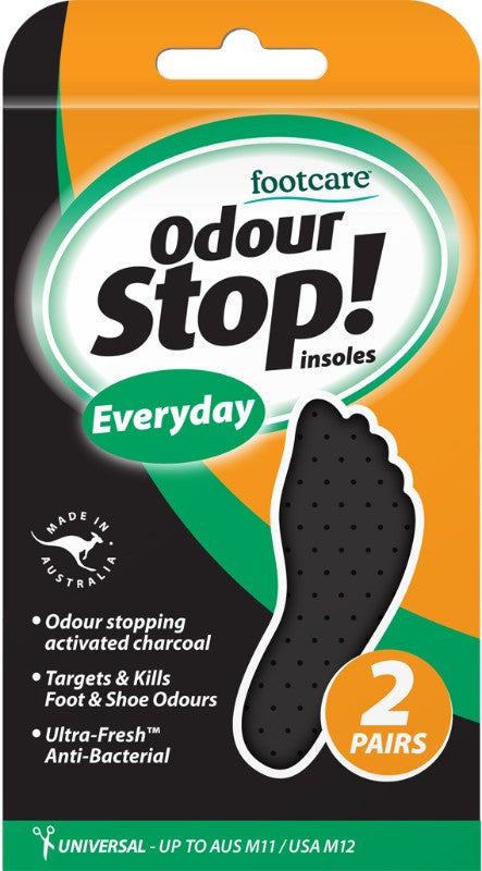 Footcare Odour Stop Regular Twin Pack features activated charcoal technology for lasting freshness and comfort in shoes.