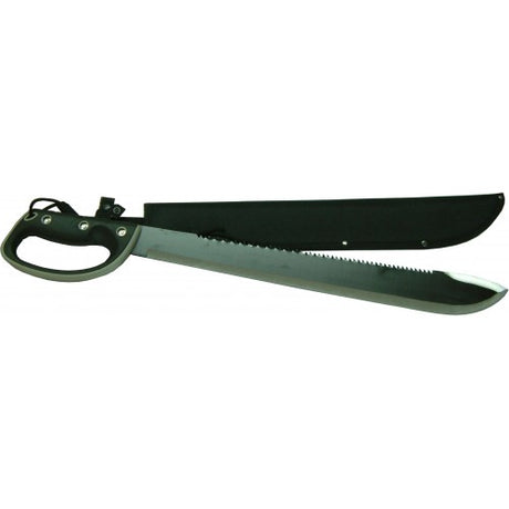 16-inch stainless steel machete with soft rubber handle, ideal for outdoor tasks and landscaping, ensures comfort and durability.