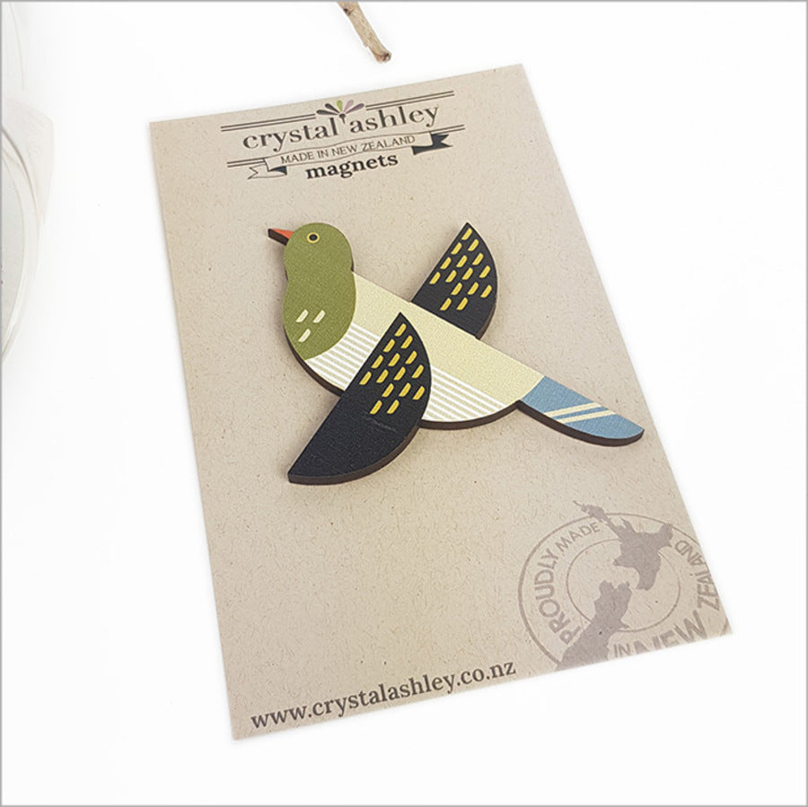 Folk Kereru magnet featuring iconic New Zealand bird, made of vibrant printed MDF, perfect for home decor and souvenirs.