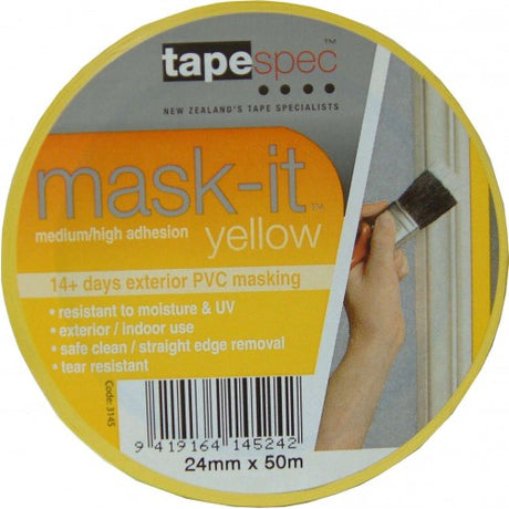 High-performance yellow UPVC masking tape for exterior painting, 50m long, UV resistant, easy removal, and precise application.