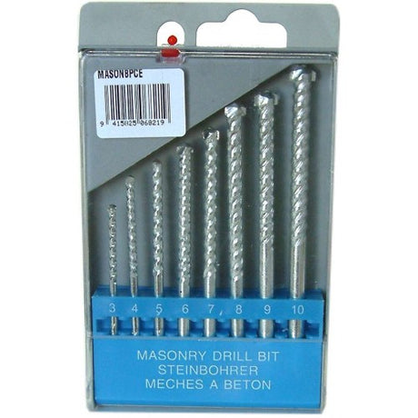 Xcel 8-Piece Masonry Drill Set in case, featuring durable tungsten carbide tips for concrete, brick, and stone drilling.