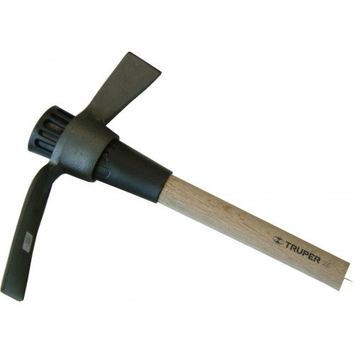 4.5lb Truper Mattock with 36” hardwood handle designed for breaking soil and digging, featuring a shock-absorbent guard.