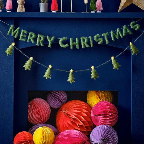 Colorful felt tree bunting garland, 1.5m long, featuring 75 vibrant shapes on sturdy teal twine for festive holiday decor.