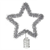 Silver tinsel star tree topper measuring 20cm, adding elegance and sparkle to Christmas trees for a festive touch.
