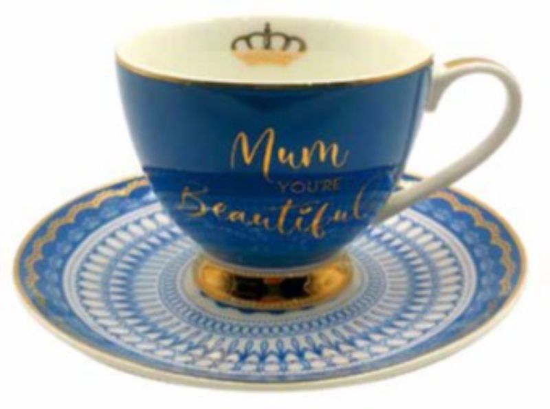 Mum You'r Beautiful Tea Cup & Saucer (Blue)