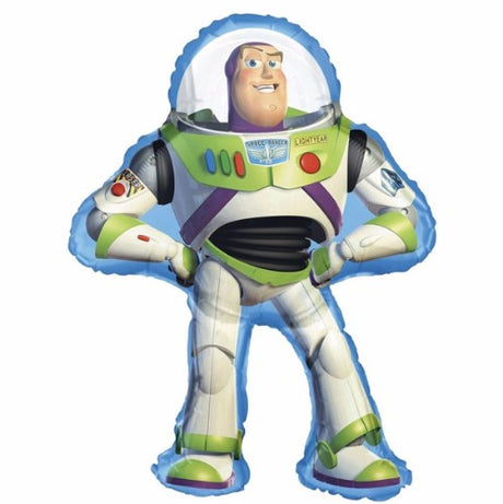 Vibrant 89cm x 61cm Buzz Lightyear foil balloon, perfect for kids' parties and themed celebrations, floats gracefully for decor.