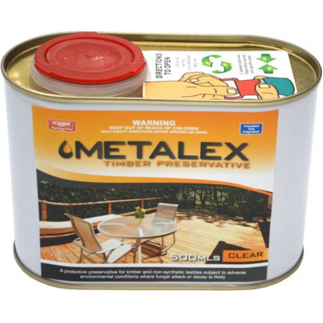 Metalex - Clear 500 ml wood preservative protects Australian timber from rot and moisture, ideal for outdoor use.