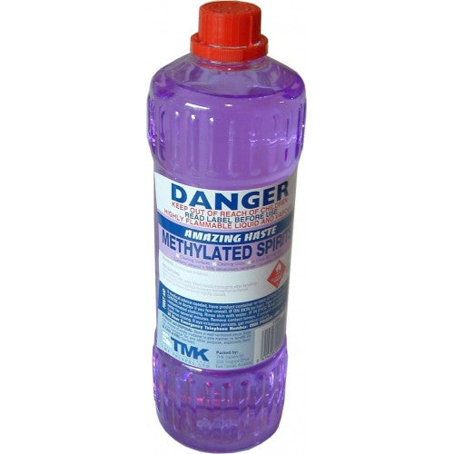 1-litre bottle of Methylated Spirits, a versatile cleaner for removing oils and greases, ideal for home and industrial use.