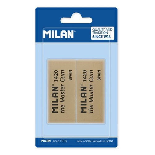 Milan Eraser 1420 Master Gum pack of 2, premium design for clean, precise erasing of pencil and charcoal marks.