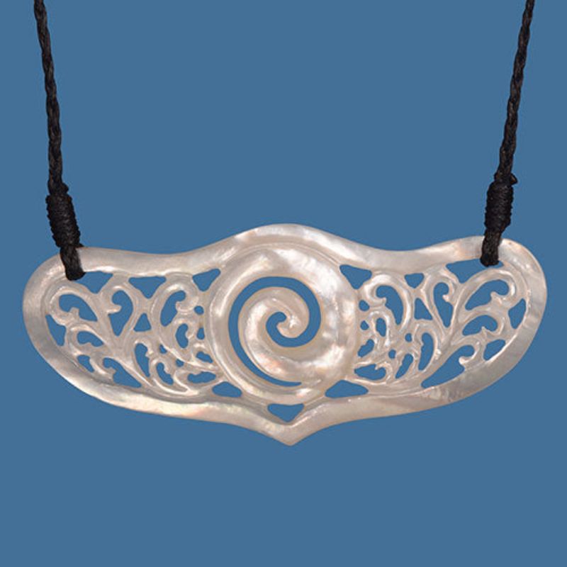 Elegant MOP Breastplate Necklace featuring intricate koru detailing on a braided cord, symbolizing growth and heritage.