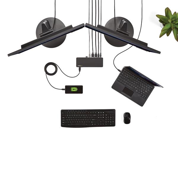 Dual Monitor USB C Docking Station with 4K support, HDMI/DVI ports, and 60W charging for enhanced productivity.