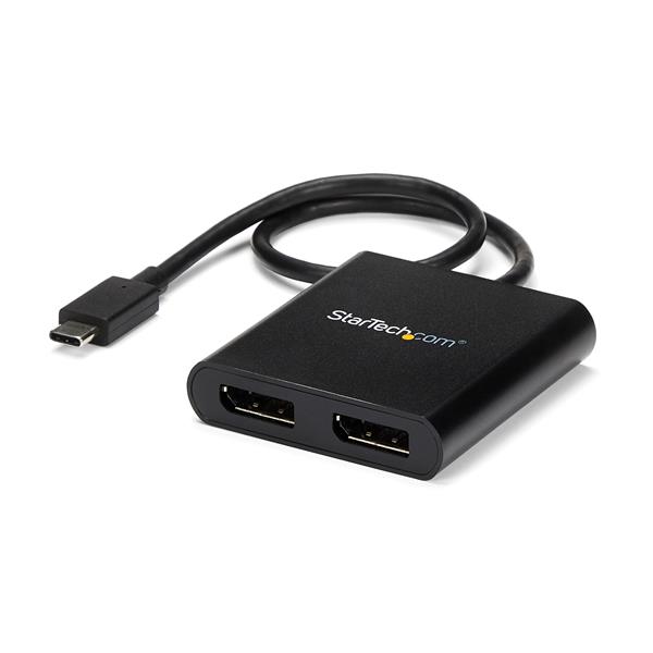 USB-C DisplayPort MST Hub for dual 4K monitor setup, plug and play connection, perfect for multitasking and professionals.