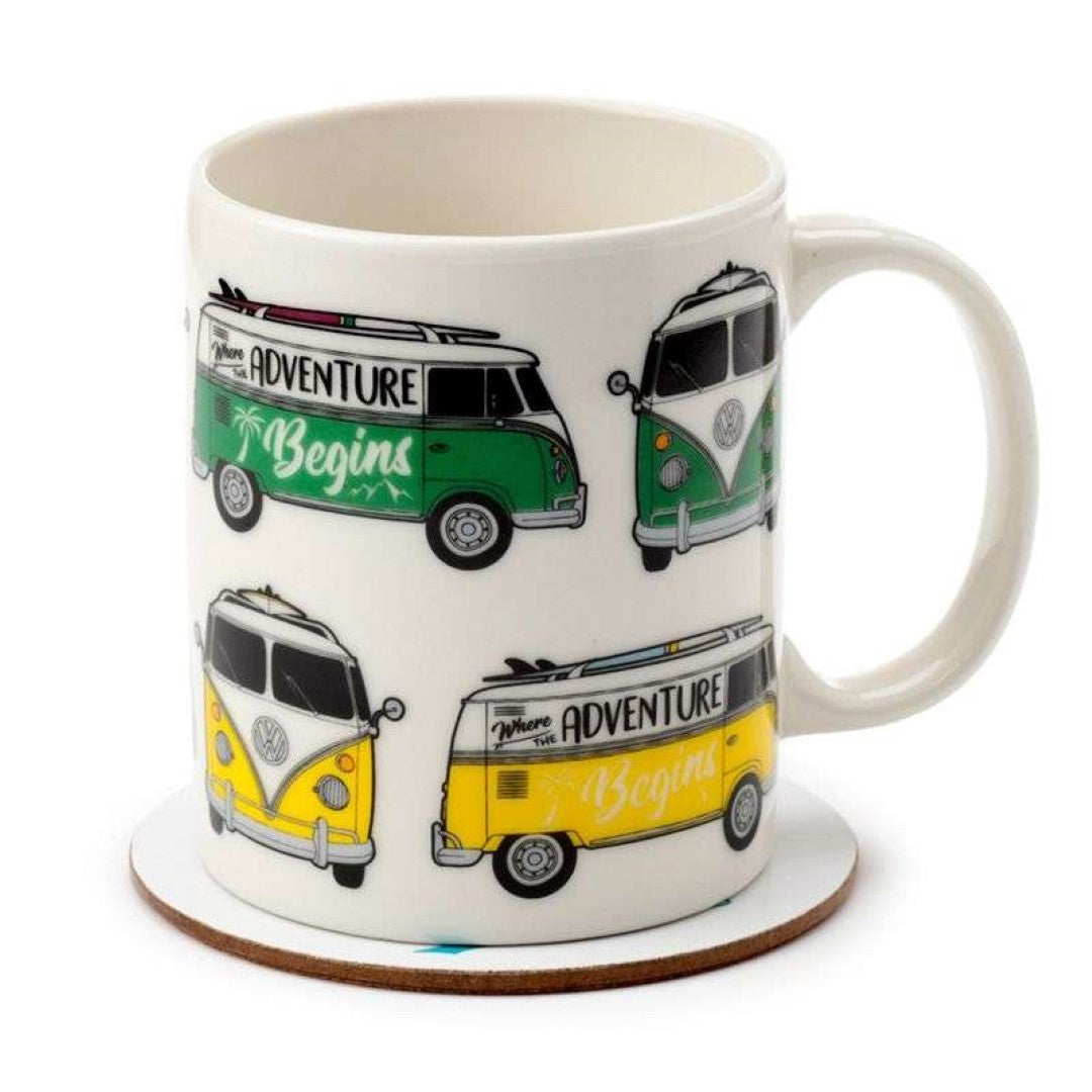 Porcelain Mug & Coaster Set - Volkswagen VW T1 Camper Bus (300ml)