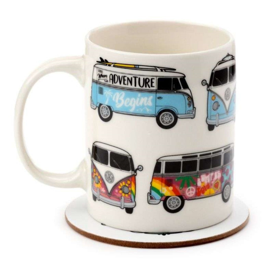 Porcelain Mug & Coaster Set - Volkswagen VW T1 Camper Bus (300ml)