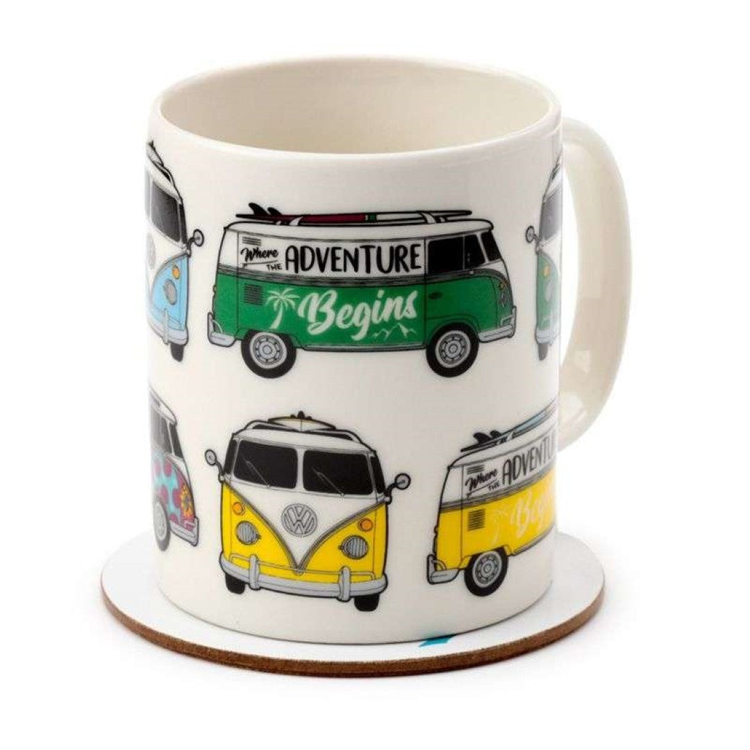 Porcelain Mug & Coaster Set - Volkswagen VW T1 Camper Bus (300ml)