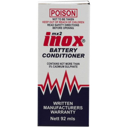 Inox Mx2 Battery Conditioner 92ml bottle promotes lead-acid battery health, improving efficiency and lifespan.