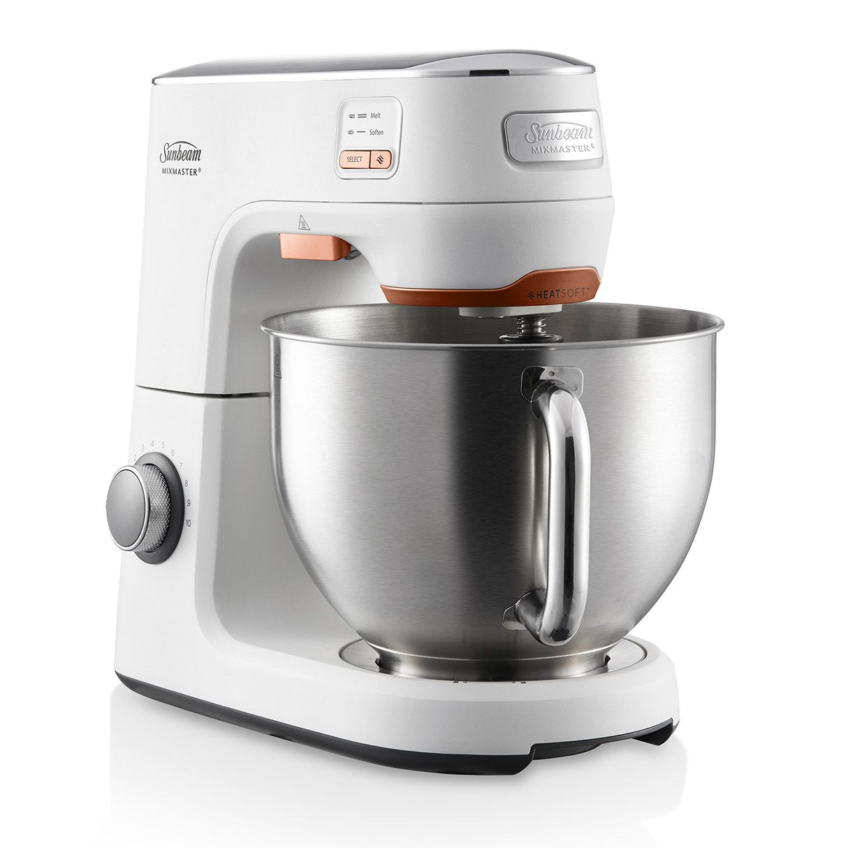 Sunbeam Mixmaster® HeatSoft™ Planetary Mixer MXM7000WH, featuring gentle heat technology for softer butter and perfect chocolate melting.