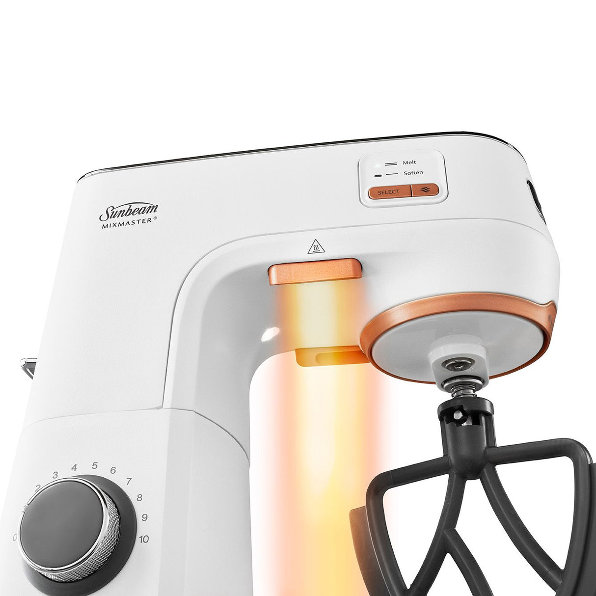 Sunbeam Mixmaster® HeatSoft™ Planetary Mixer with dual heat settings for efficient mixing and melting, perfect for bakers.