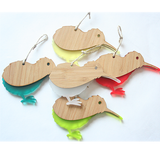 Eco-friendly Kiwi Ornament in bamboo and satin acrylic, perfect for Christmas tree or gifting.