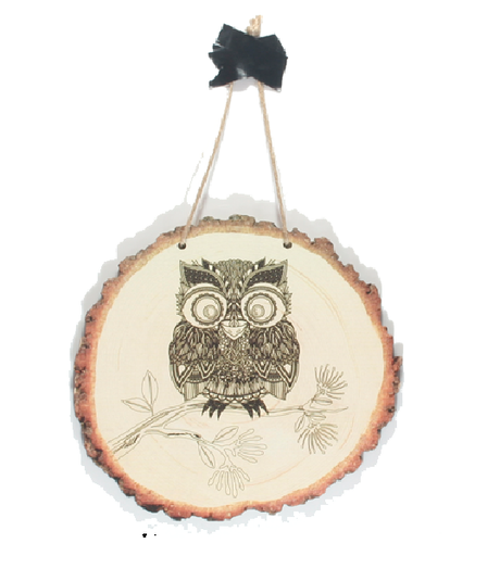 Wood slice wall art featuring a Morepork design, made from eco-friendly pine veneer, ready to hang.