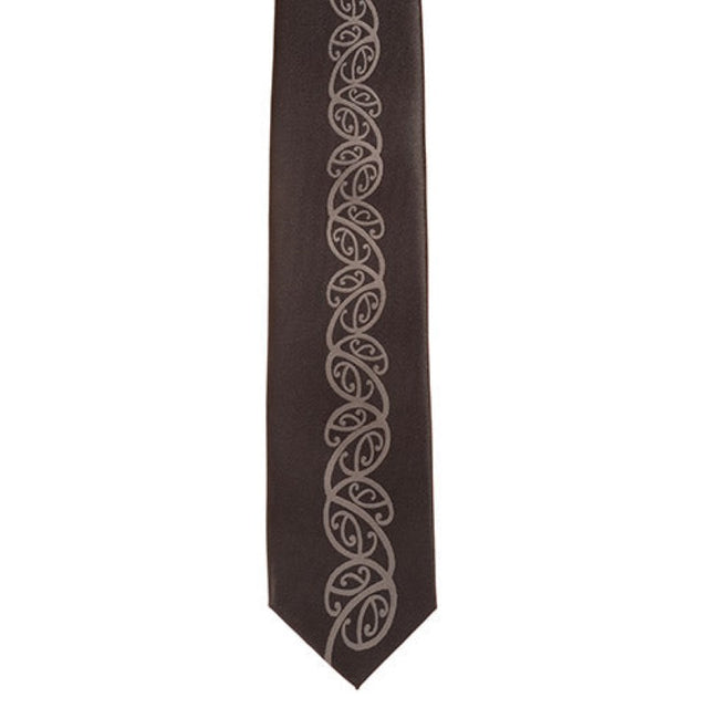 Elegant black Maori necktie featuring grey Kowhaiwhai design, perfect for formal and cultural occasions.