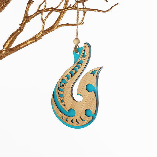 Teal satin acrylic hanging ornament, 120mm, crafted from laser-cut bamboo, ideal for festive decor and gifting.