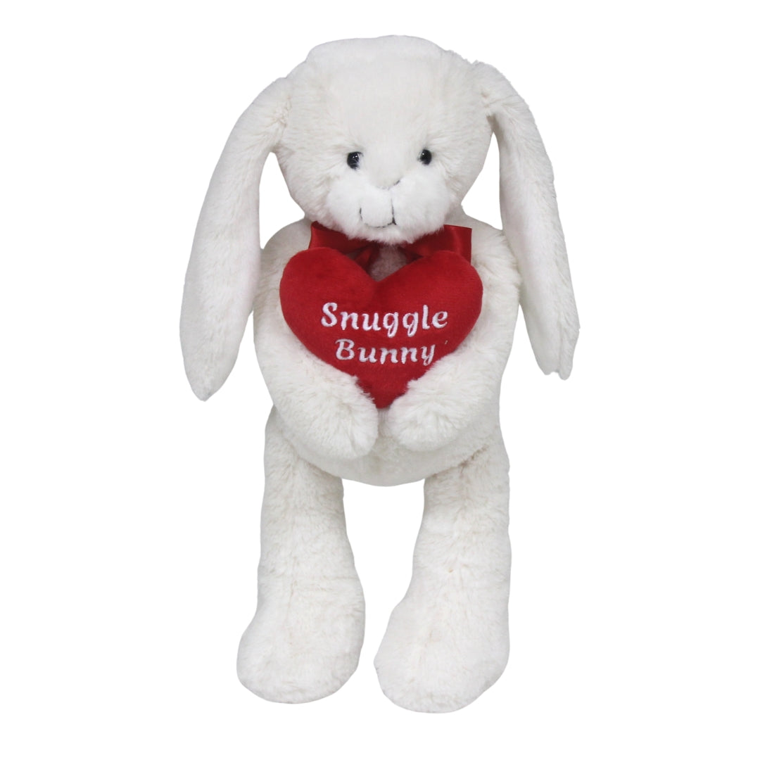 Soft Plush Toy -  Long Legged Snuggle Bunny. Beige Bunny Holding Red Heart