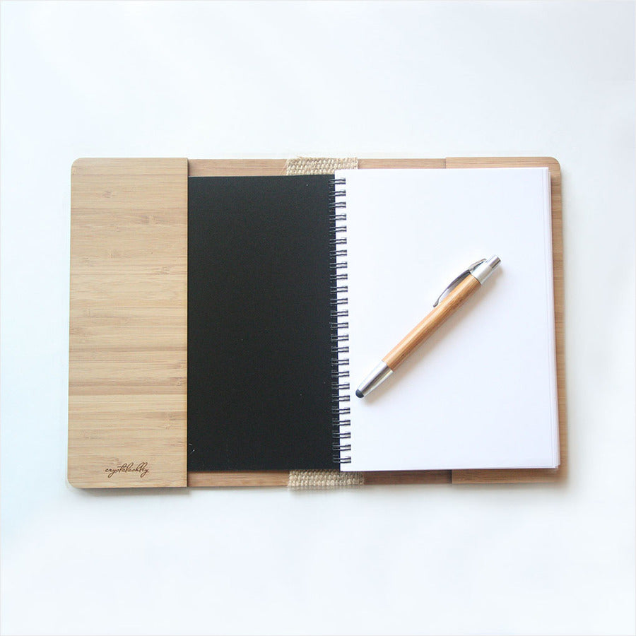 Geometric Fantail Notebook in NZ Silver Beech and Bamboo Veneer, featuring unique pattern and spacious 165 x 225 mm design.