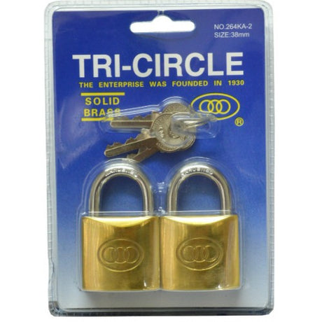 Brass 38mm keyed alike padlocks in a 2-pack, featuring durable brass construction and a unified key system for easy access.