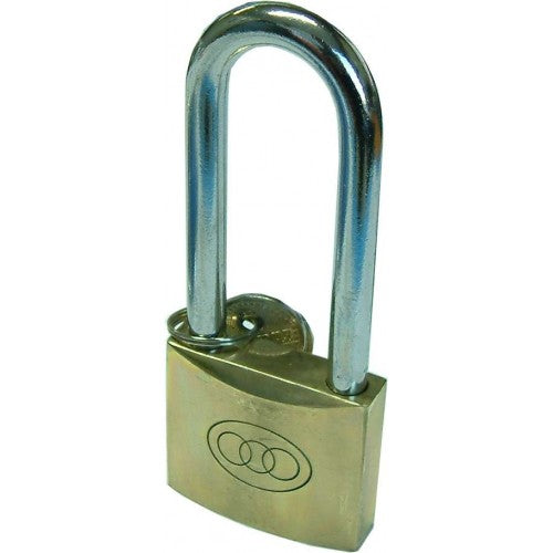 Brass 50mm long shank padlock with hardened steel shackle, ideal for securing gates and storage units.