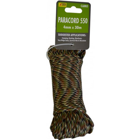 Durable 30m camouflage paracord, ideal for outdoor use, crafting, and survival tasks with high strength and reliability.