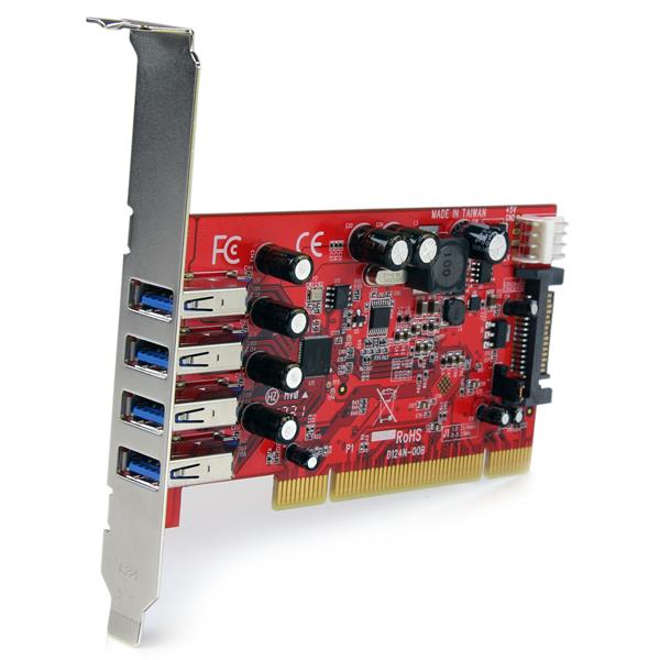 4-Port PCI USB 3.0 Adapter Card, enhances legacy systems with speeds up to 5 Gbps and optional SATA power for high-demand devices.