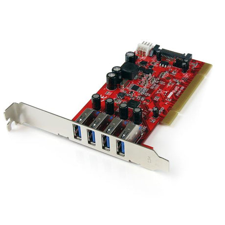 4-Port PCI USB 3.0 Adapter Card enhancing legacy systems with 5 Gbps transfer rates and SATA power for high-demand devices.