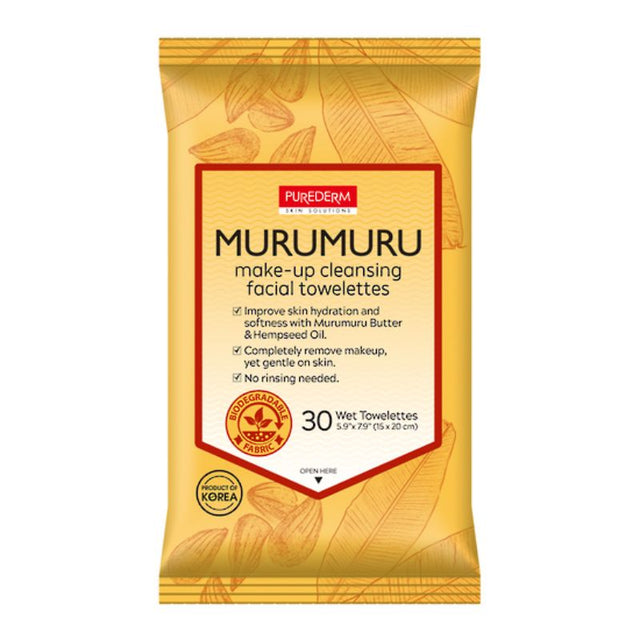 Purederm Murumuru cleansing towelettes: 30 biodegradable sheets for gentle makeup removal, infused with hydrating Murumuru Butter.