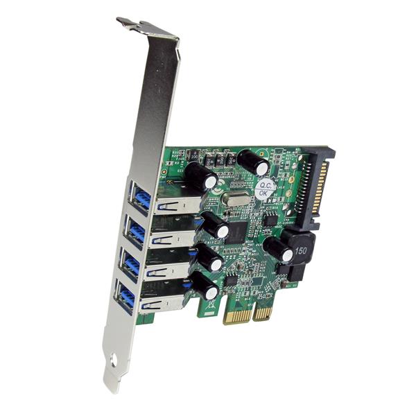 4-Port USB 3.0 PCIe card with UASP support for fast data transfer, backward compatible, and SATA power connector.