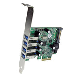 4-Port USB 3.0 PCIe card with UASP support for fast data transfer, backward compatible, and SATA power connector.
