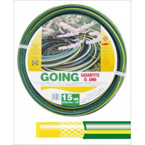 Durable 12mm x 15m plastic garden hose, ideal for watering plants and cleaning vehicles, lightweight and flexible design.