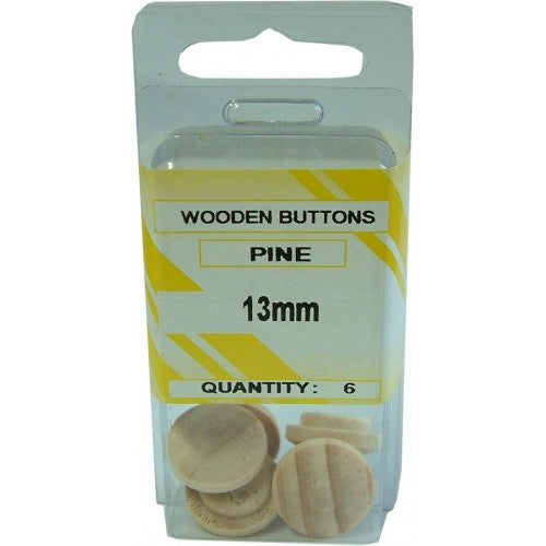 Pack of six 13mm wooden pin buttons made from pine, ideal for covering screw holes in various woodworking projects.