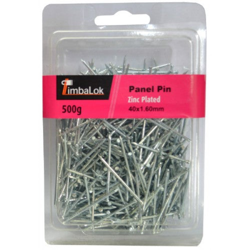 Plated panel pins 500g pack, 40mm length, 1.6mm diameter, ideal for woodworking and finishing applications.