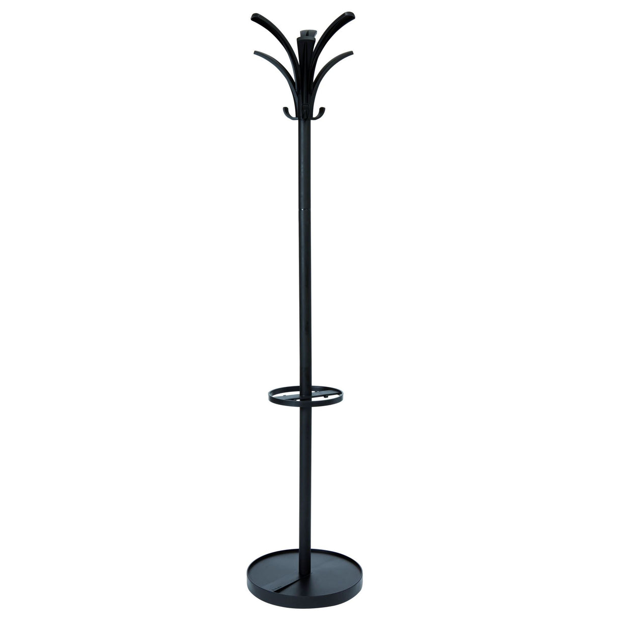 Alba Brio Coat Rack in Black features 6 coat pegs, 3 hooks, and an umbrella holder for organized entryway storage.