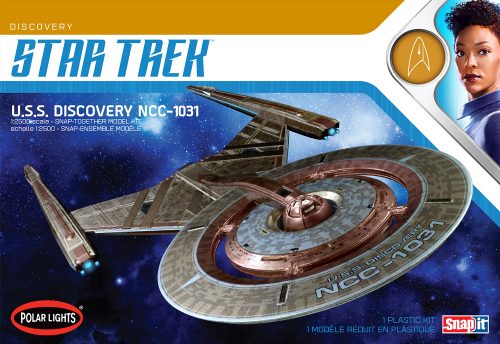 1/2500 scale model of the USS Discovery from Star Trek Discovery, detailed metallic tan kit with decals and clear parts.