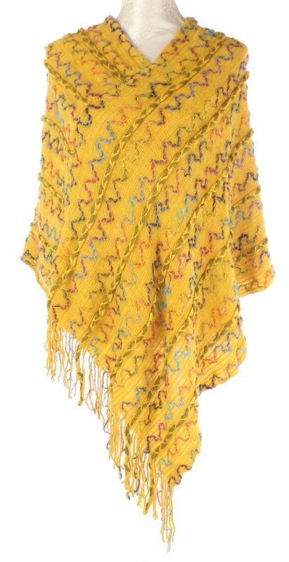 Colour Zigzag Stitching Poncho - MUSTARD