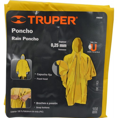 Yellow Truper Multifit rain poncho made of 100% PVC, 0.25mm thick, with adjustable hood and snap domes for secure fit.