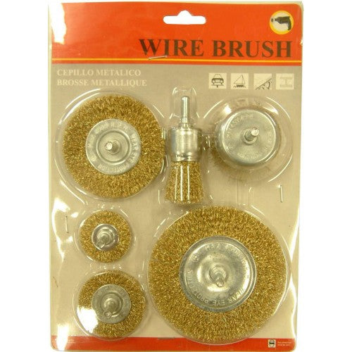 Kema 6-piece power wire brush set with wheel and cup brushes, featuring durable 6mm shanks for effective metal cleaning and maintenance.