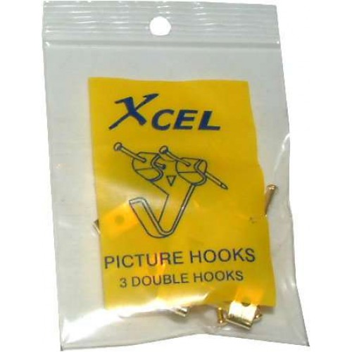 Xcel Double Hooks for pictures and mirrors, 108 pack of sturdy brass-plated steel hooks with nails for easy installation.