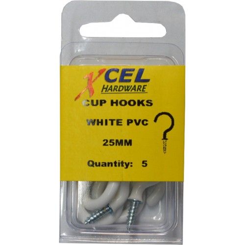 Round white PVC coated cup hooks, 25mm projection, sturdy steel construction, ideal for organizing mugs and bags.