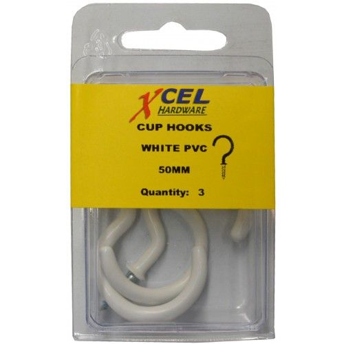 CUP HOOK - Round White PVC Coated 50mm (3 Per Pack)