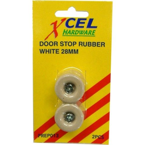 Rubber screw-on door stops in white, 31x33mm, protect walls from damage; pack of 2 for home or office use.