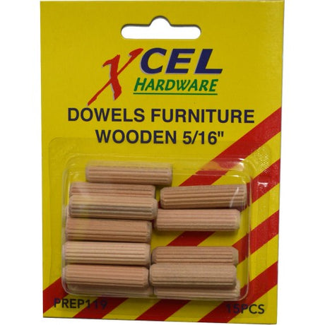 Pack of 15 wooden dowels, 5/16" (8mm), ideal for furniture assembly and woodworking projects.