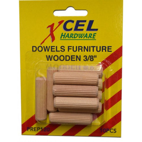 Pack of 10 premium 3/8" wooden dowels for durable joints in woodworking and furniture assembly.